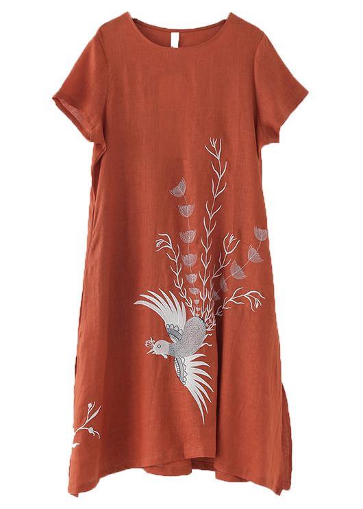 Orange Phoenix Embroideried Linen Side Open Summer Long Dress