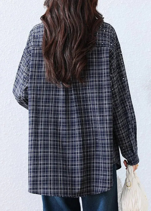 Blue Plaid Rhinestone Cotton Blouse Tops Fall