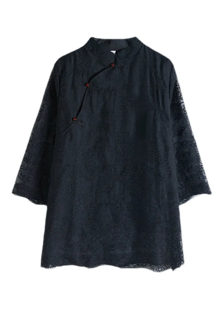 Black Stand Collar Embroideried Hollow Out Tops Half Sleeve