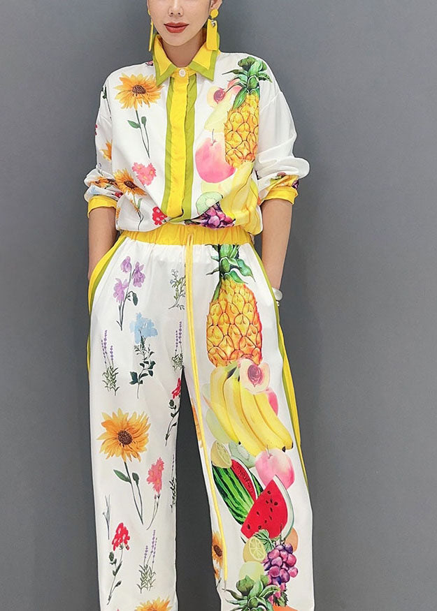 Yellow Fruit Print Button Shirts and Wide Leg Pants Two Piece Set Spring
