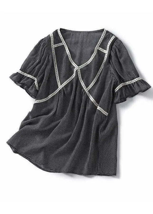 Small Plaid Ruffled Patchwork Silk Tops Summer