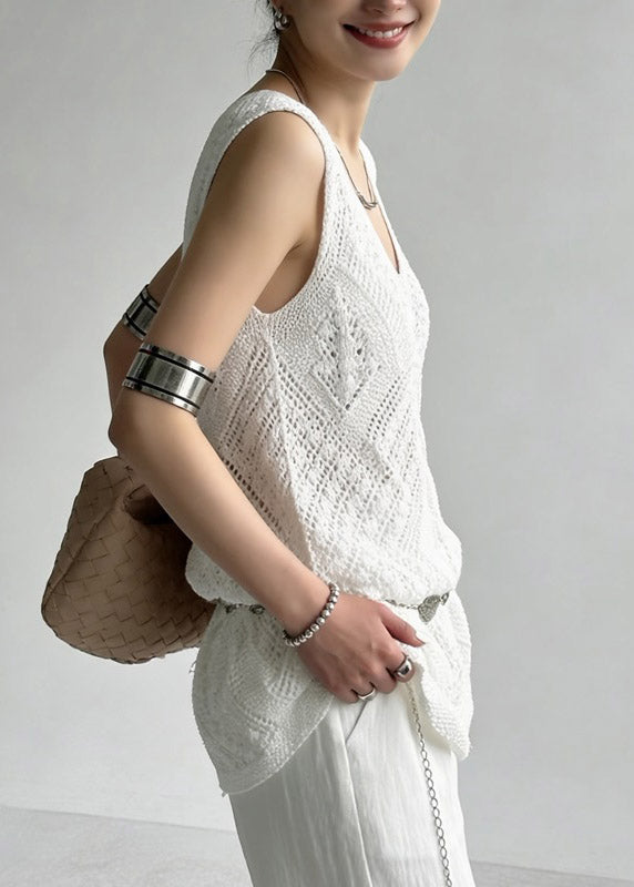 Handmade White Hollow Out Knit Beach Vest Summe