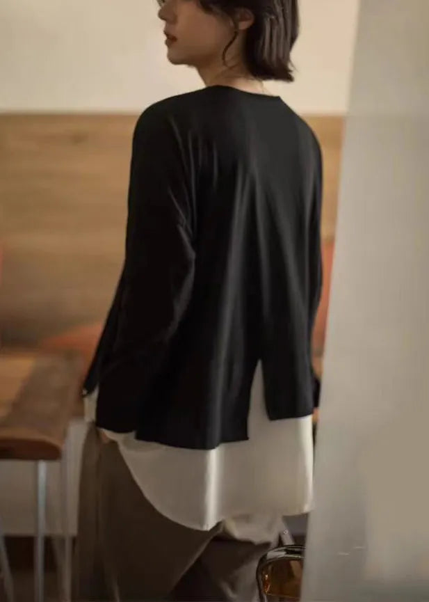 Loose Black O-neck False Two Pieces Cotton T Shirt Long Sleeve