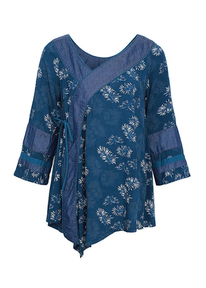 Blue V Neck Asymmetrical Print Cotton Shirt Top Bracelet Sleeve
