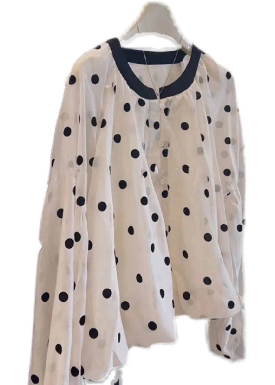 White O Neck Dot Button Cotton Shirts Long Sleeve