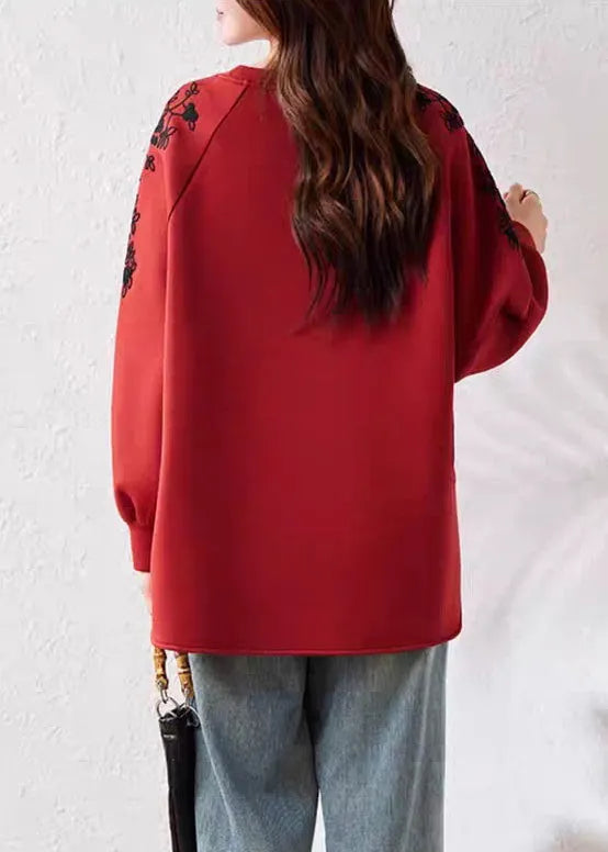 Red O Neck Print Cotton Sweatshirts Fall