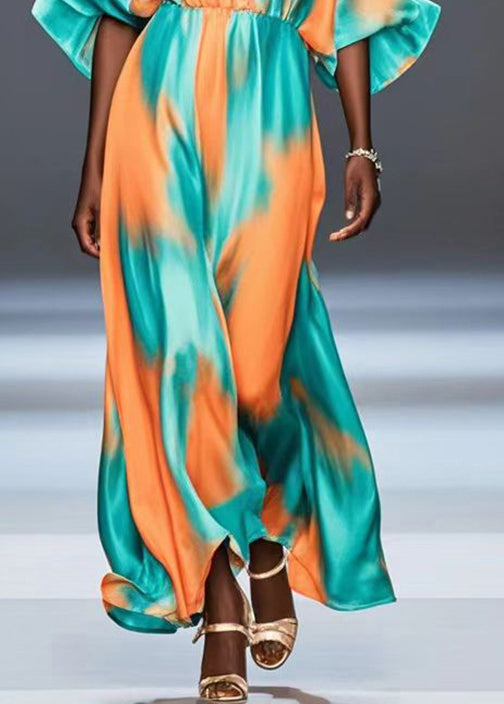 Organic Green V Neck Tie Dye Silk Dress Batwing Sleeve Summer