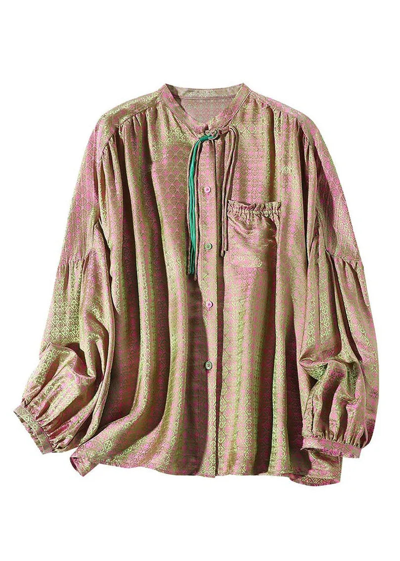 Pink Green Stand Collar Print Button Slik Shirts Lantern Sleeve