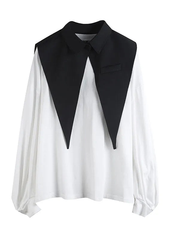 Modern White Lantern Sleeve Patchwork Peterpan Collar Fall Shirt Top