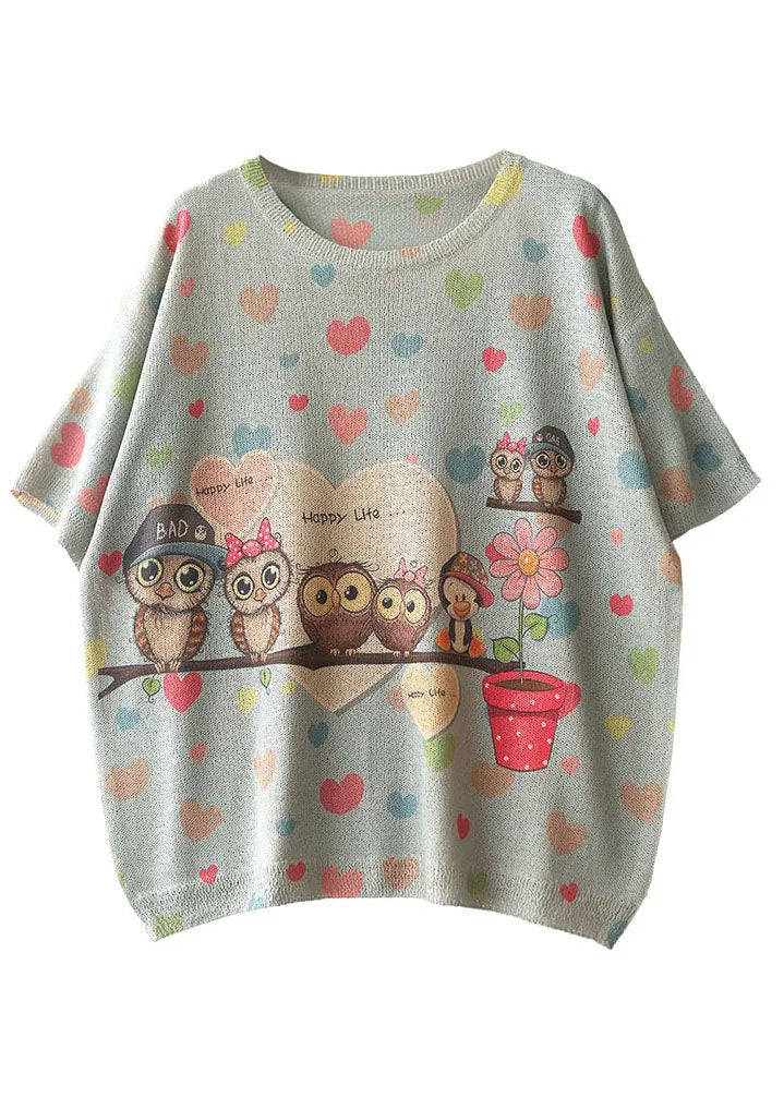 Boutique Light Blue O-neck Animal Print Draping Linen Knit Tank Tops Short Sleeve