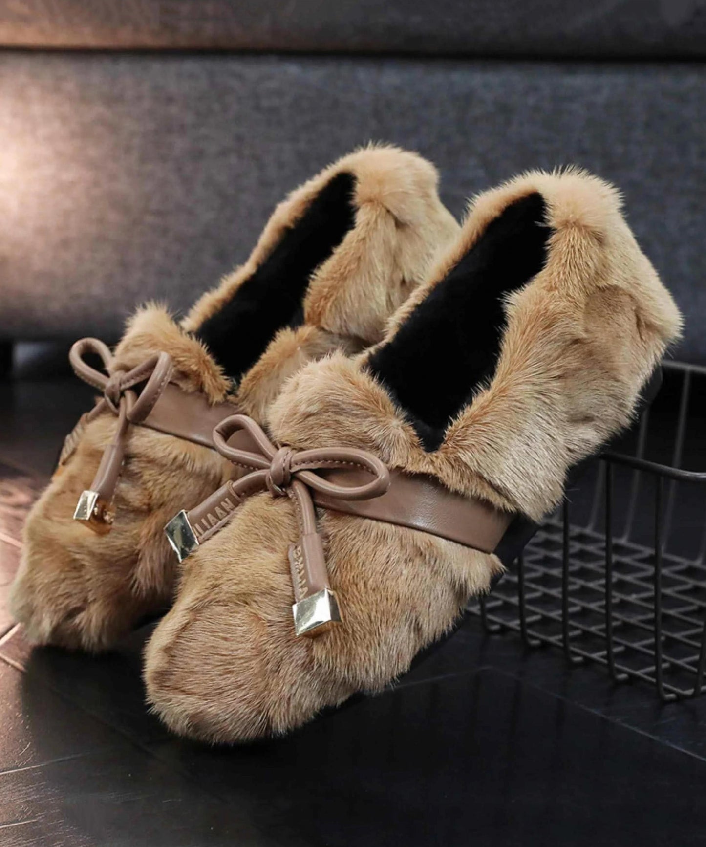 Khaki Mink Hair Splicing Penny Loafers Fuzzy Wool Lined