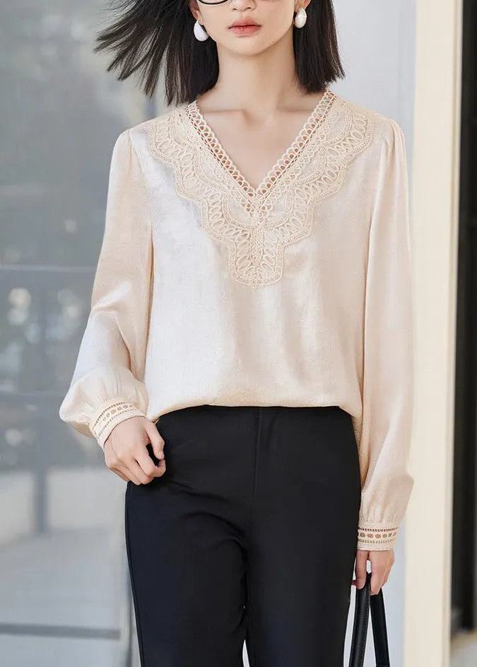 Fine Apricot V Neck Lace Patchwork Silk Tops Fall