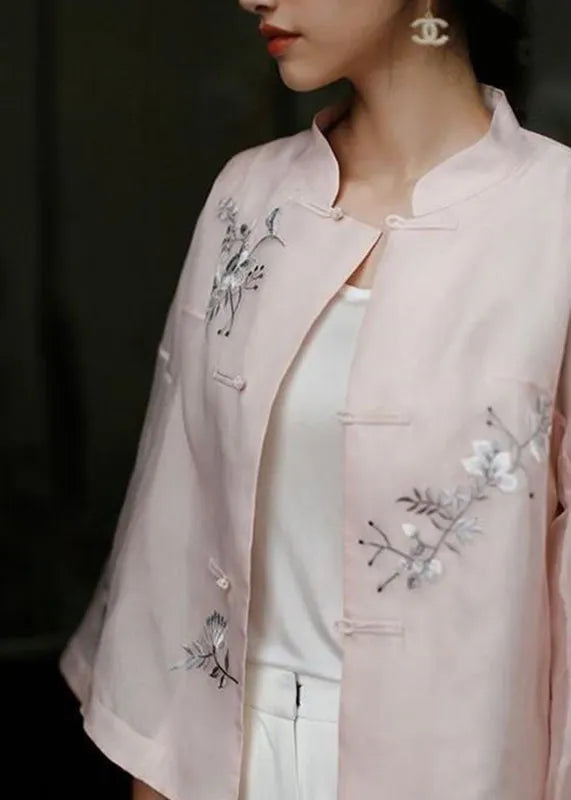 Pink Stand Collar Embroideried Button Top Long Sleeve