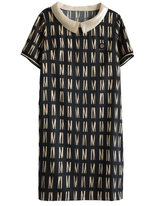 Classy Black Peter Pan Collar Graphic Patchwork Summer Maxi Dress Short Sleeve