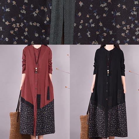Red Patchwork Print Dress O Neck Pockets Traveling Spring Dresses