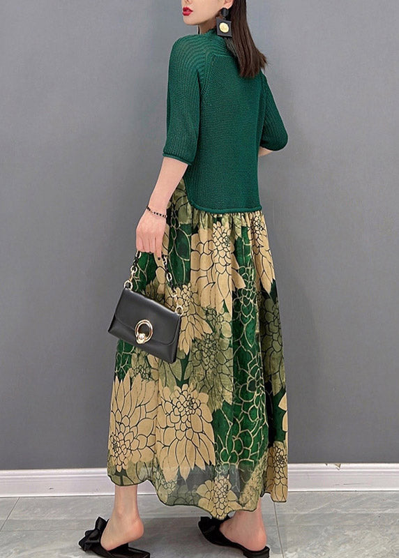 Green O-neck Chiffon Patchwork Print Knit Long Dress Half Sleeve