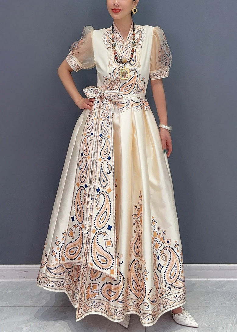 Beige Print Pockets Silk Long Dress Summer