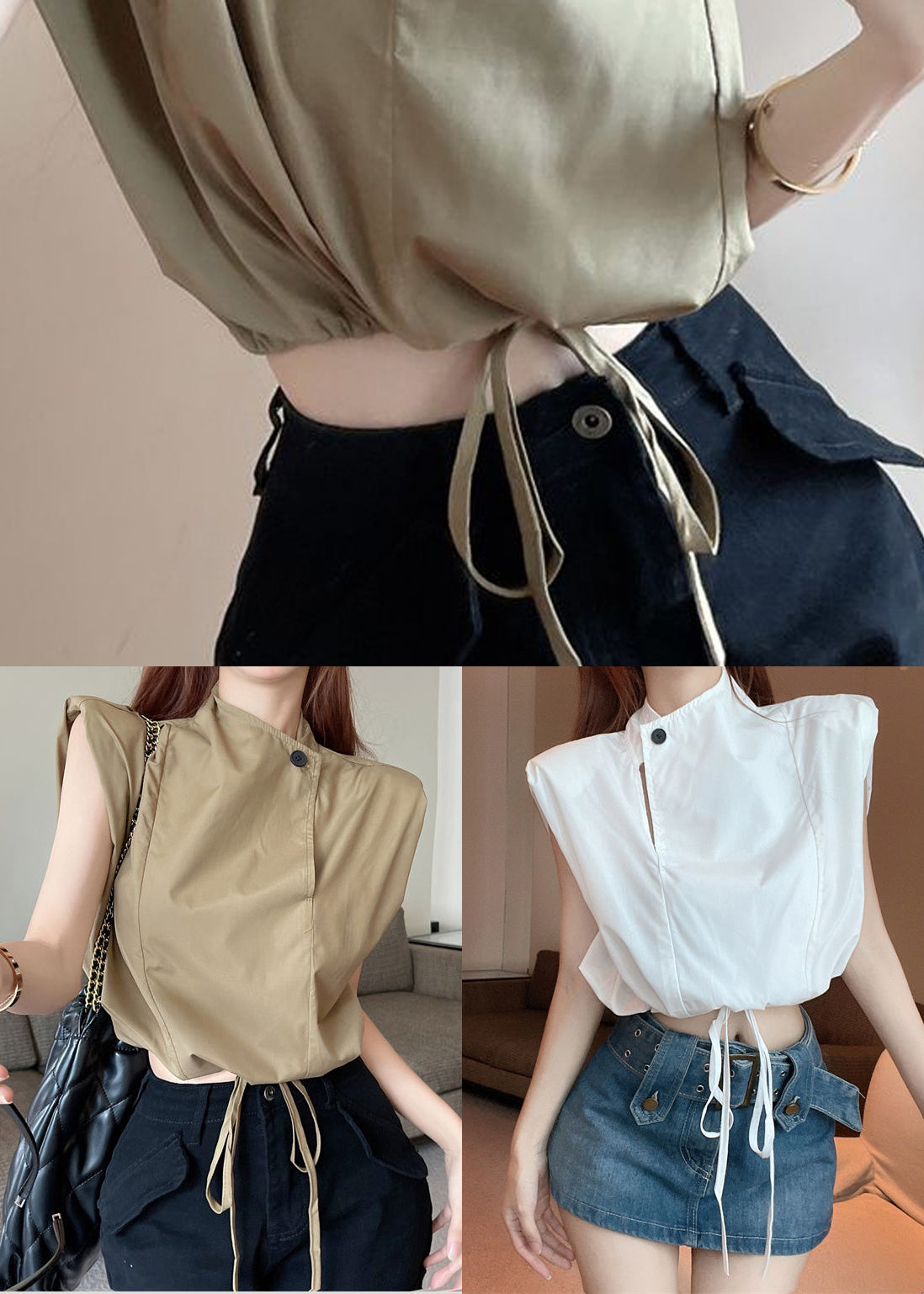 White Stand Collar Drawstring Cotton Blouse Top Sleeveless
