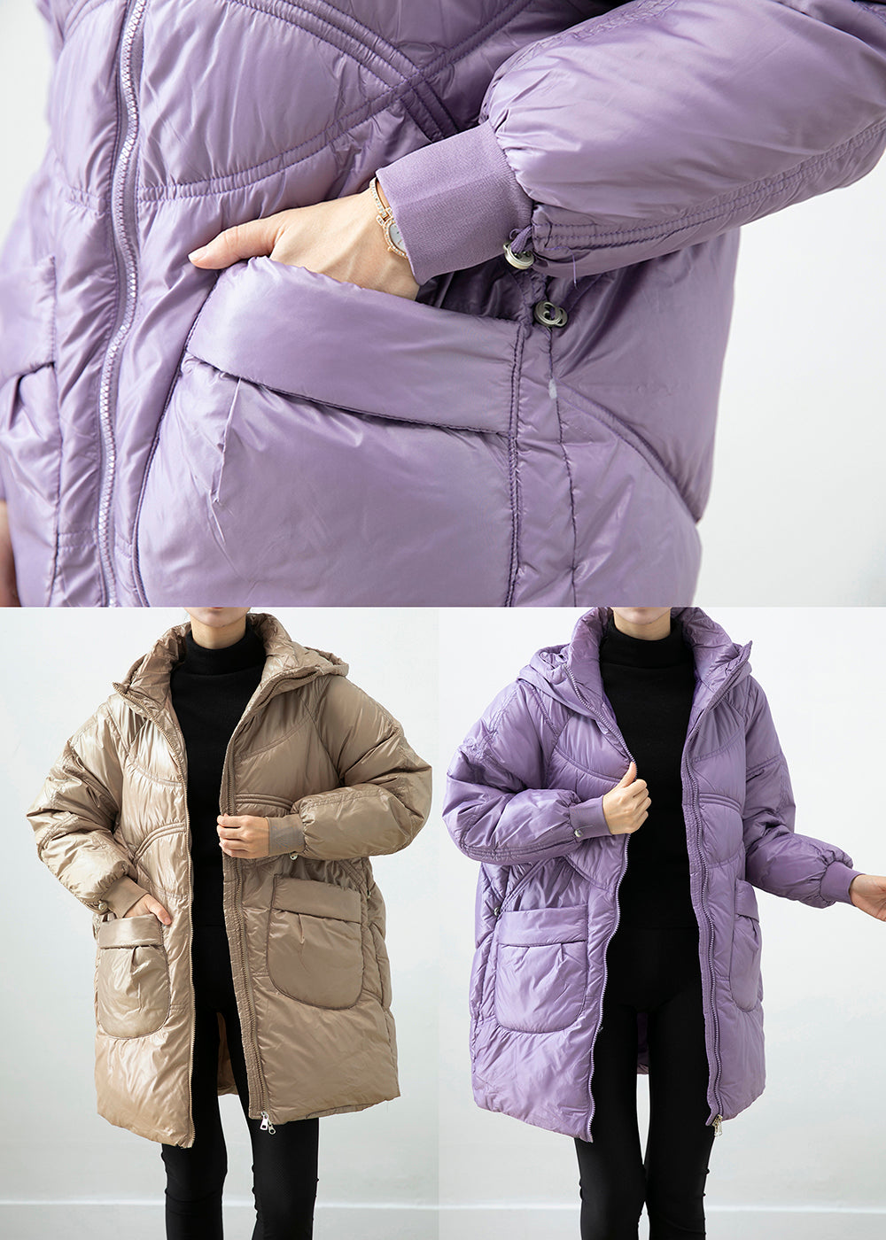 Khaki Hooded Pockets Fine Cotton Filled Winter Coats Winter