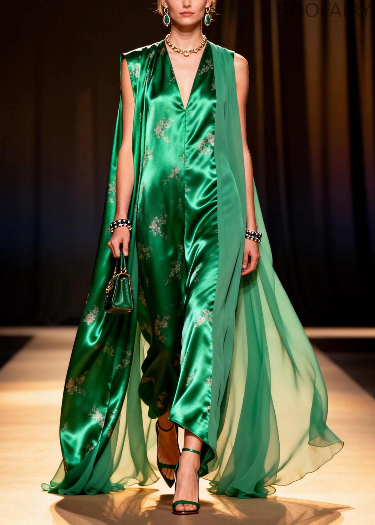 Peacock Green Oversized Patchwork Exra Large Hem Silk Dresses Sleeveless