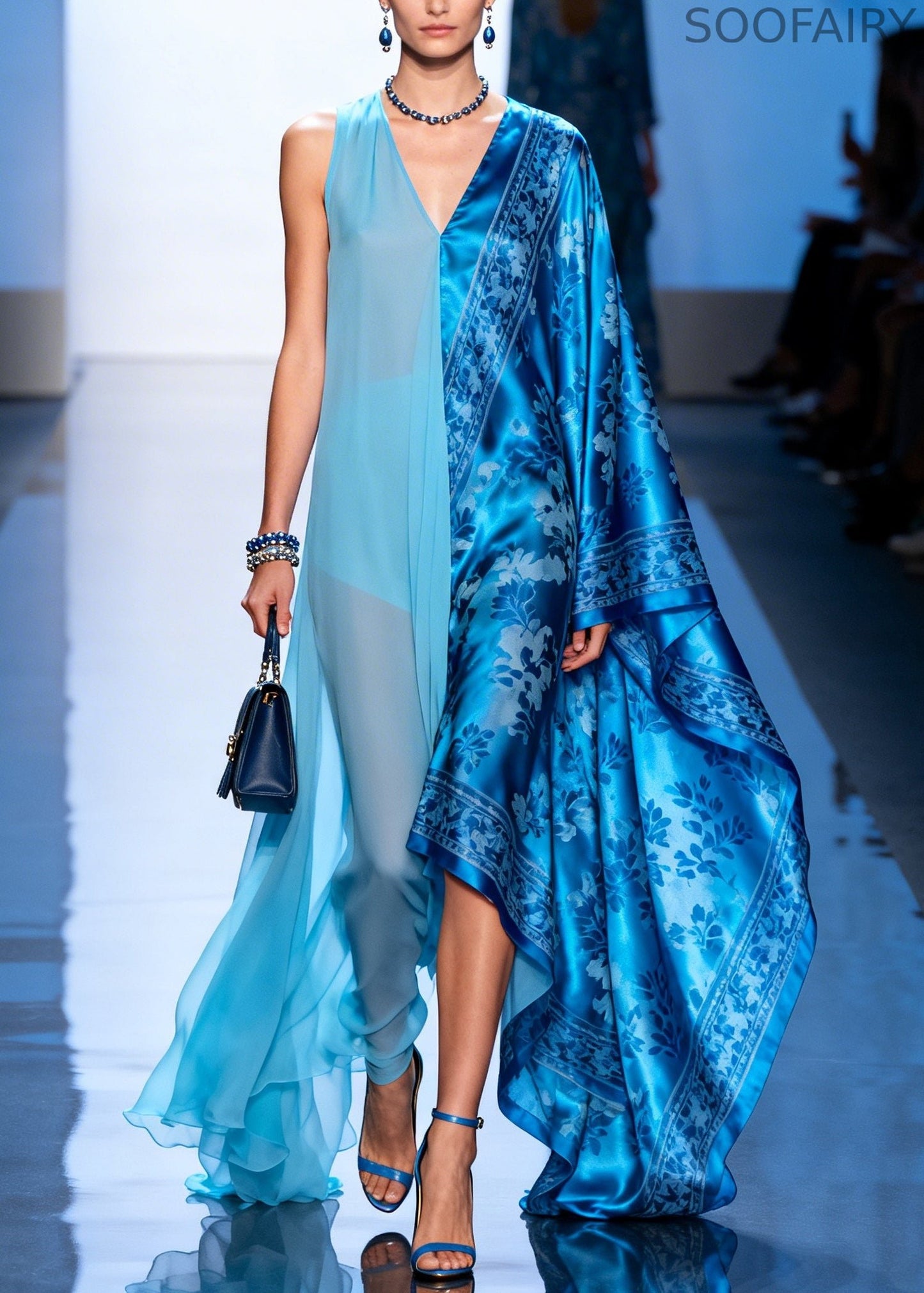 Boutique Blue Asymmetrical Patchwork Exra Large Hem Silk Dresses Summer