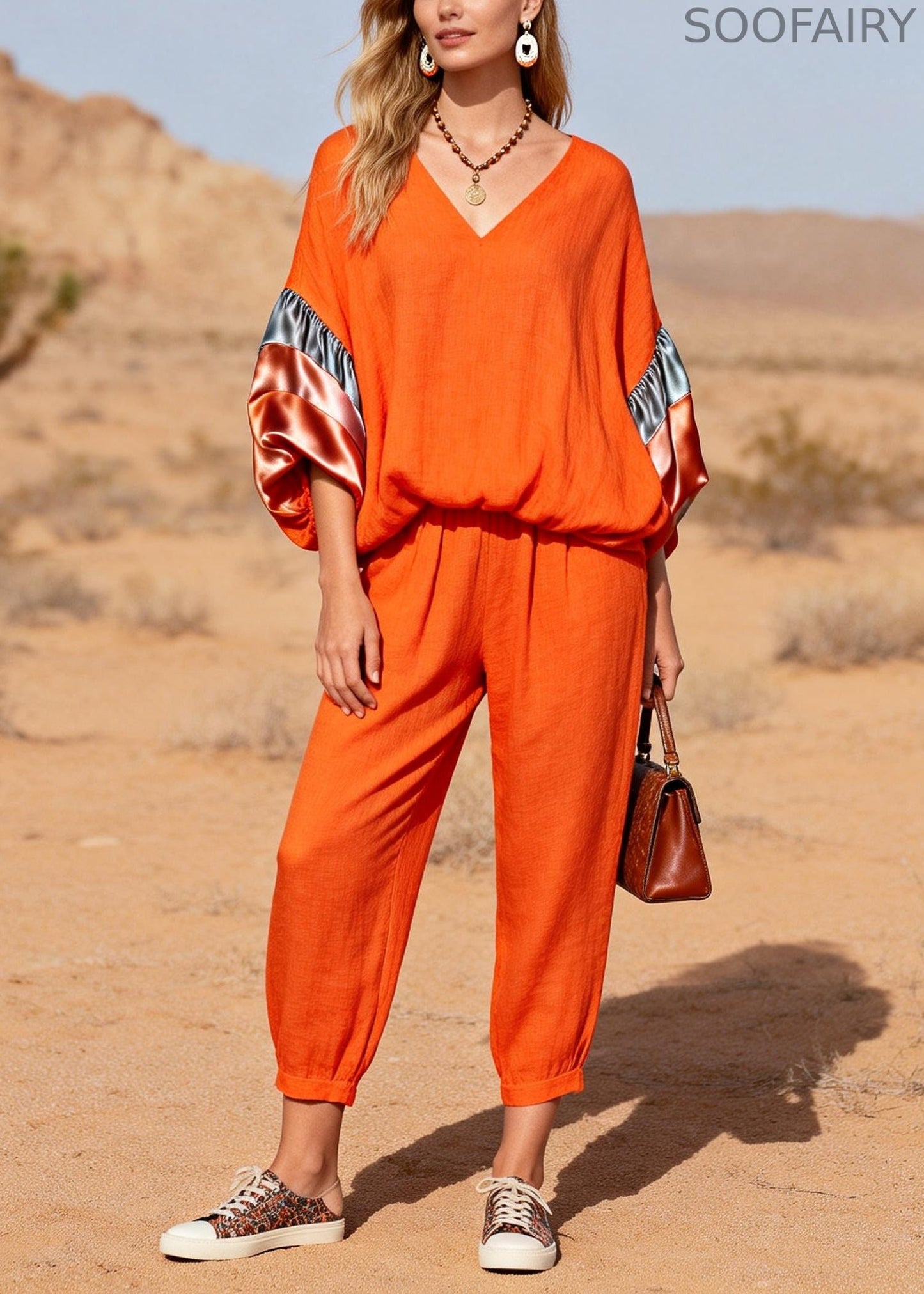 Modern Orange Oversized Patchwork Cotton Two Pieces Set Spring