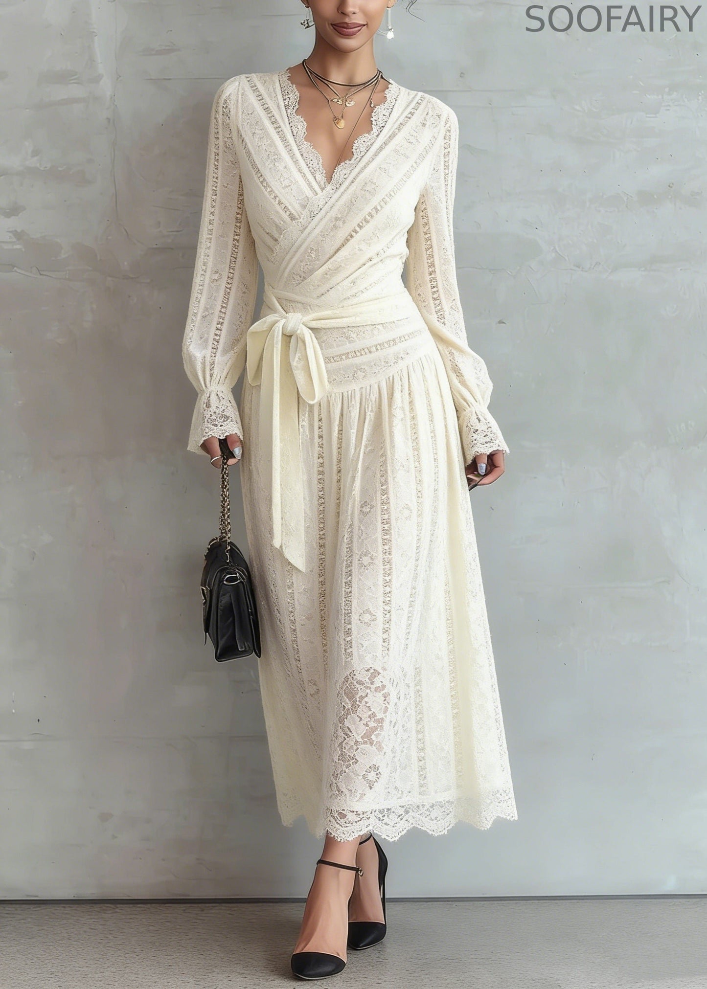 Beige Lace Tie Waist Warm Fleece Long Dress Spring