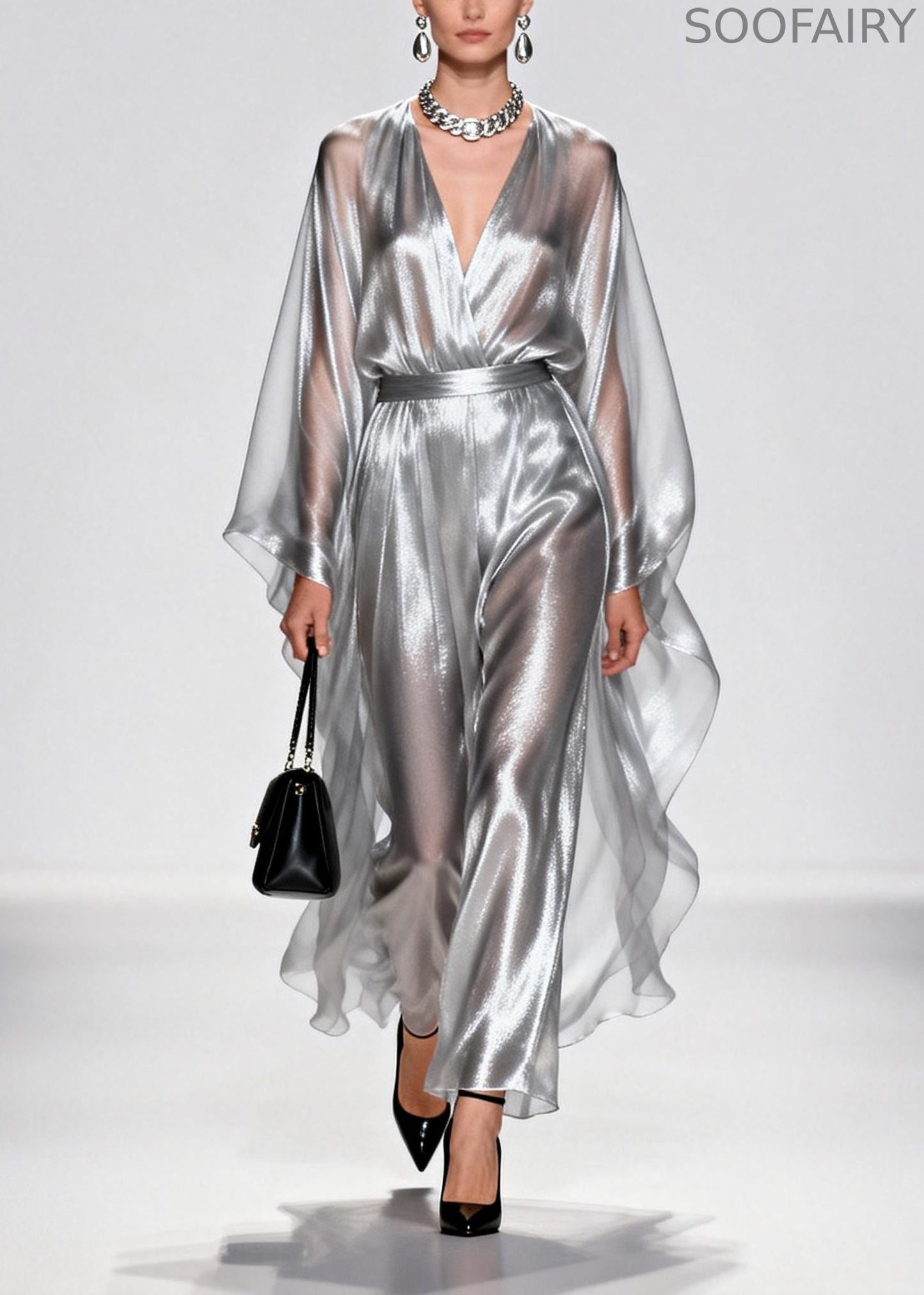 Silvery Tunic Draping Chiffon Long Dress Summer
