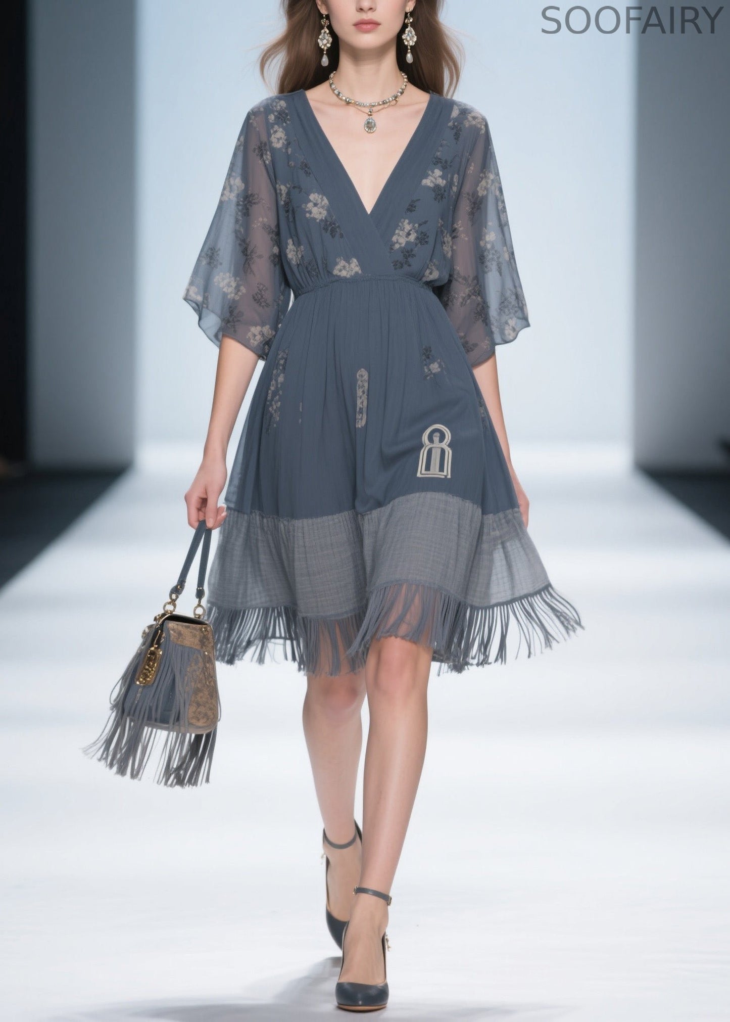Classy Grey V Neck Tassel Patchwork Cotton Dress Summer