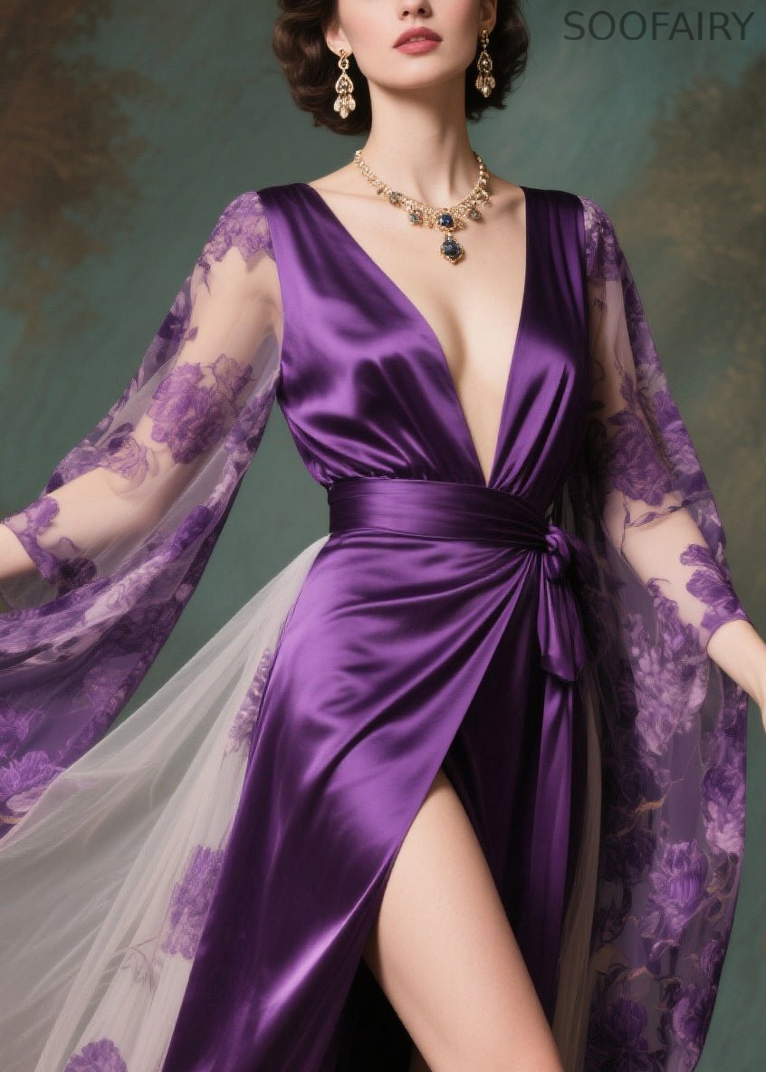 French Purple Exra Large Hem Patchwork Side Open Chiffon Evening Dress Summer