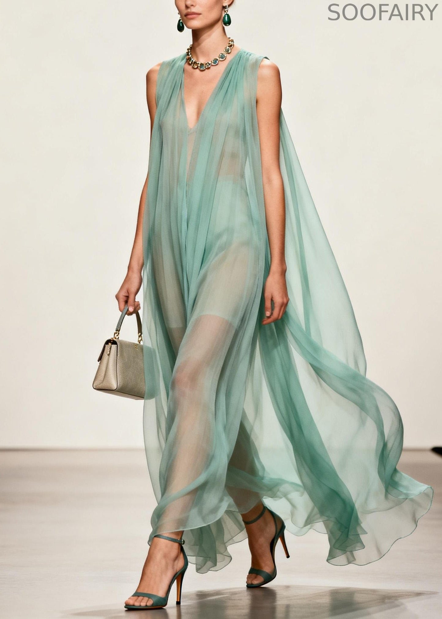 Simple V Neck Wrinkled Chiffon Long Dress Sleeveless