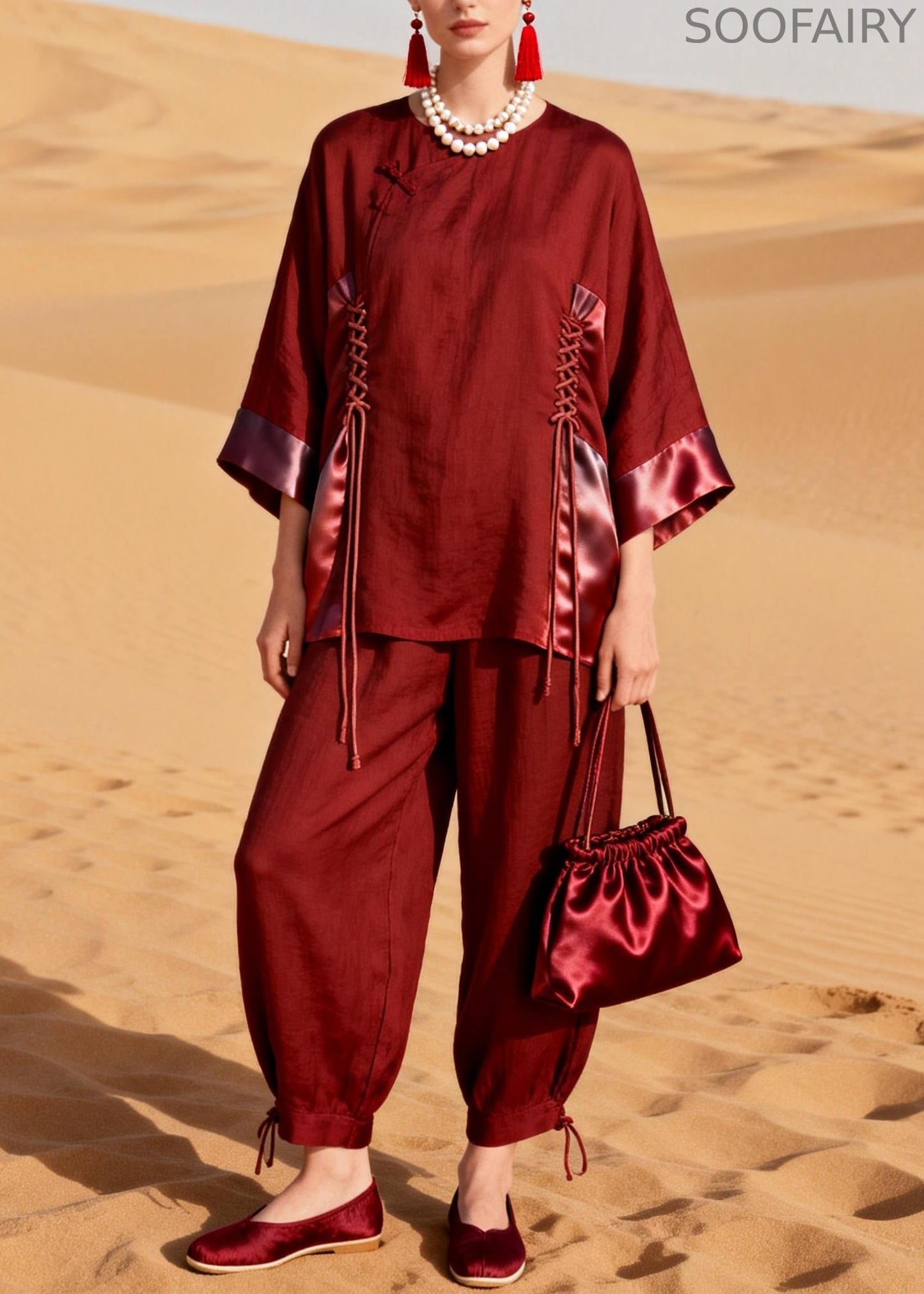 Modern Wine Red Drawstring Silk Patchwork Two Pieces Set Bracelet Sleeve