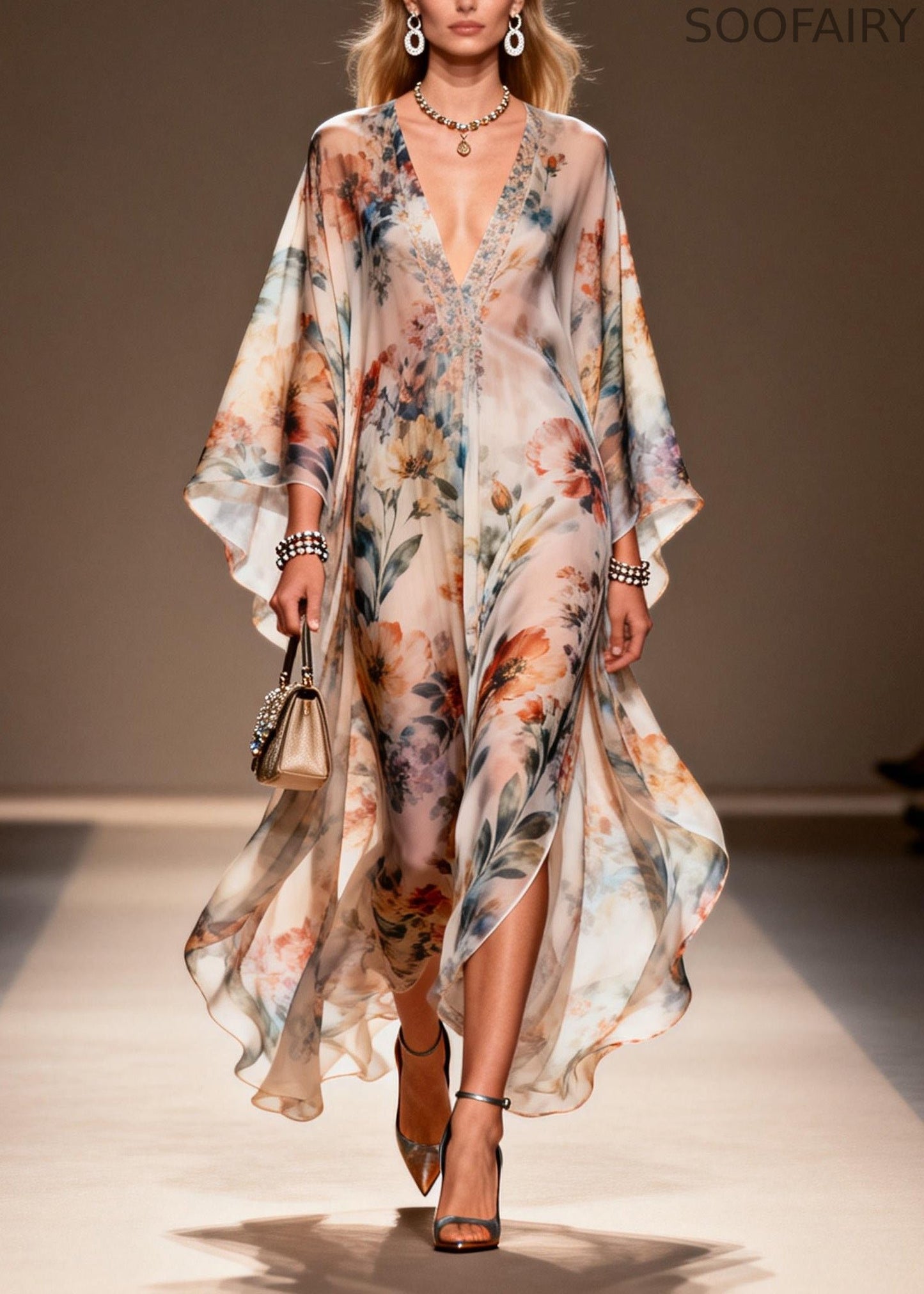 V Neck Print Side Open Chiffon Dress Spring