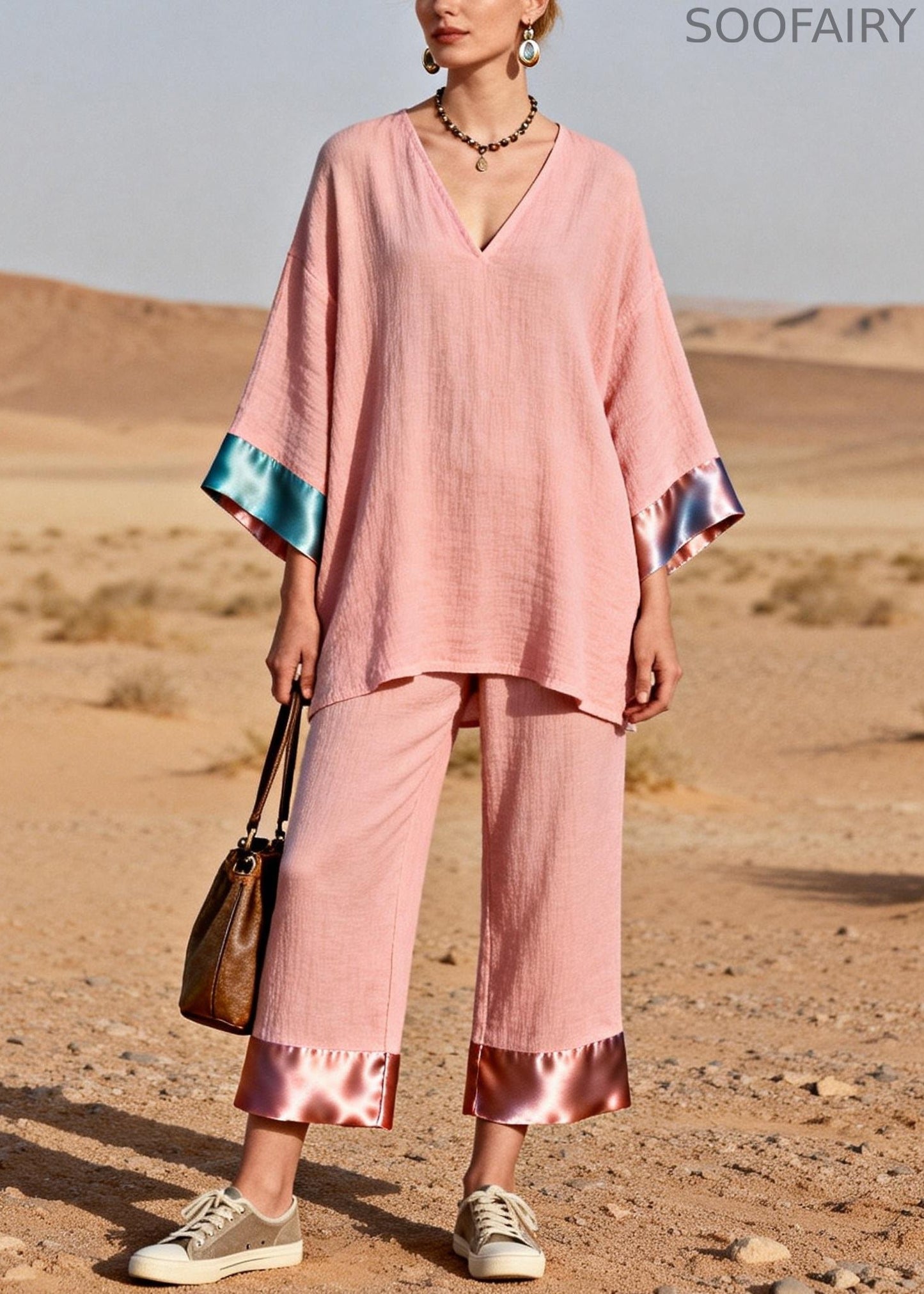 Pink Oversized Tops and Crop Pants Silk Patchwork Two Pieces Set V Neck