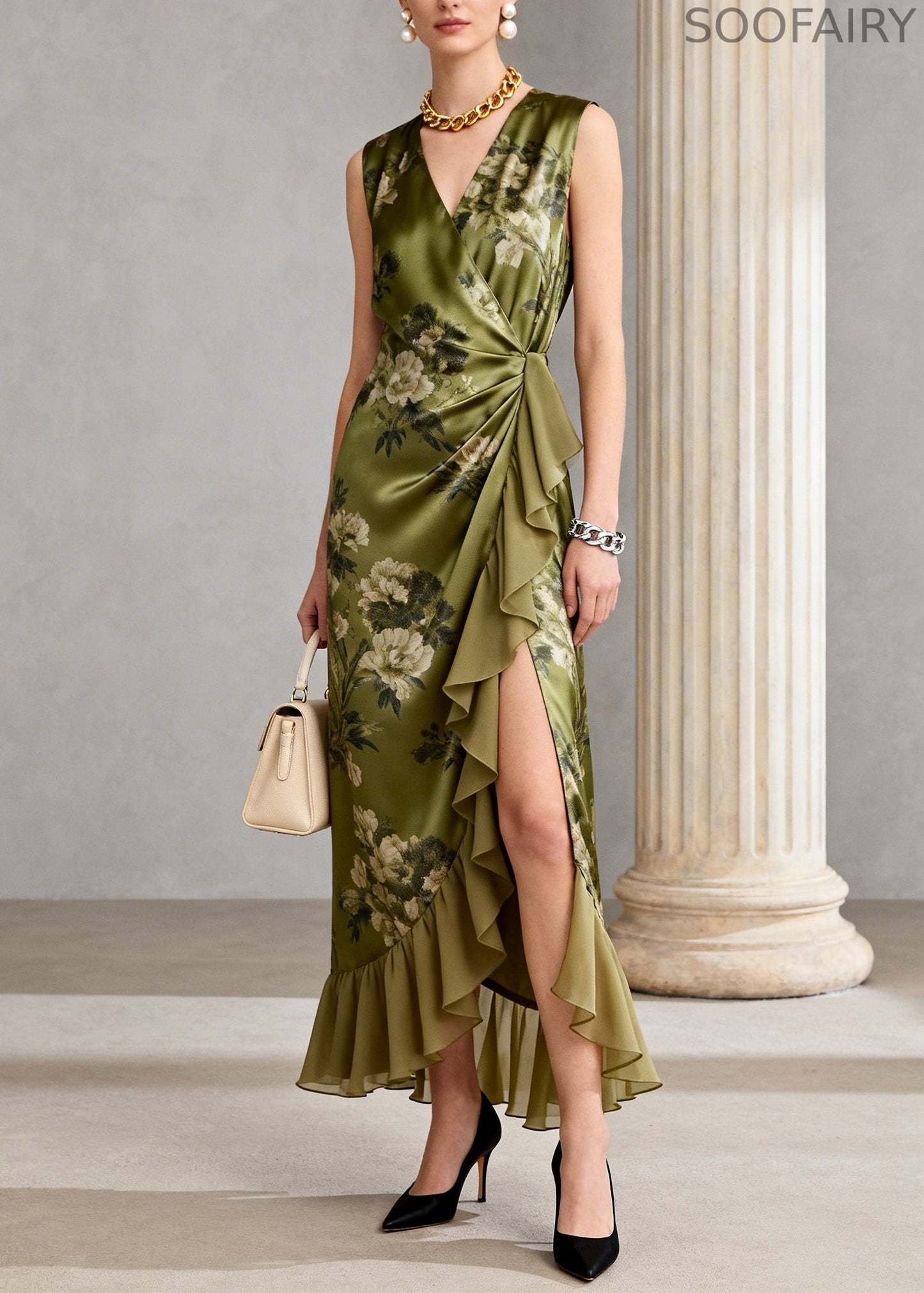 Green Ruffled Print Chiffon Long Dress Sleeveless