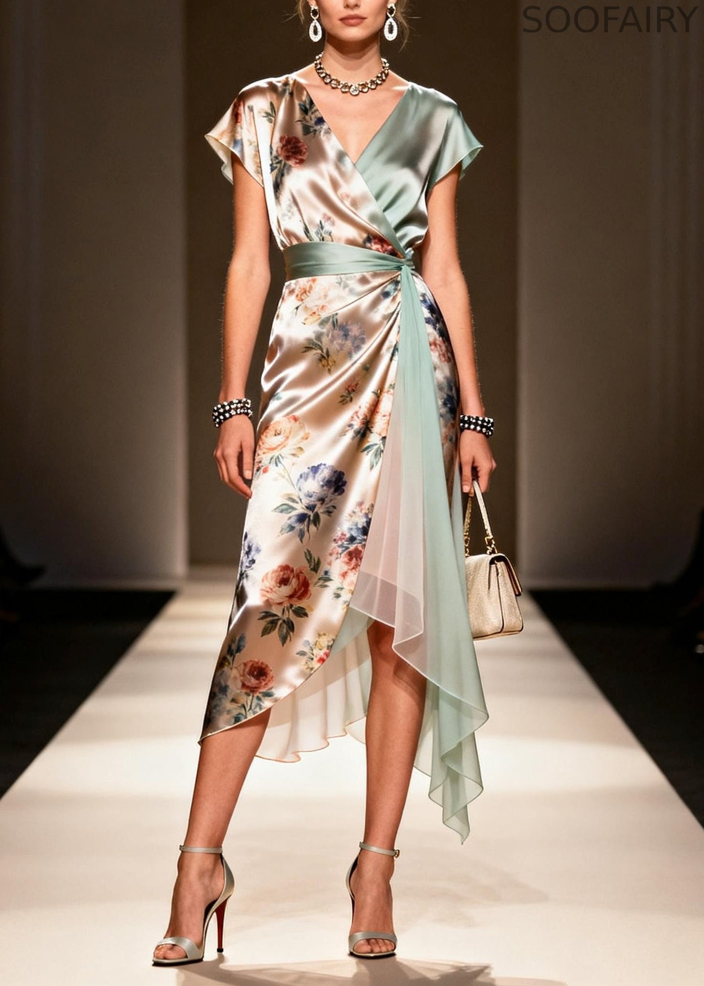 Khaki Asymmetrical Print Chiffon Maxi Dress Summer