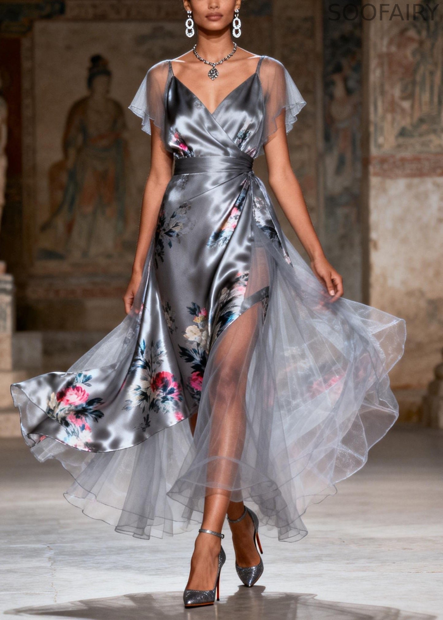 Unique Grey V Neck Print Patchwork Silk Dress Summer