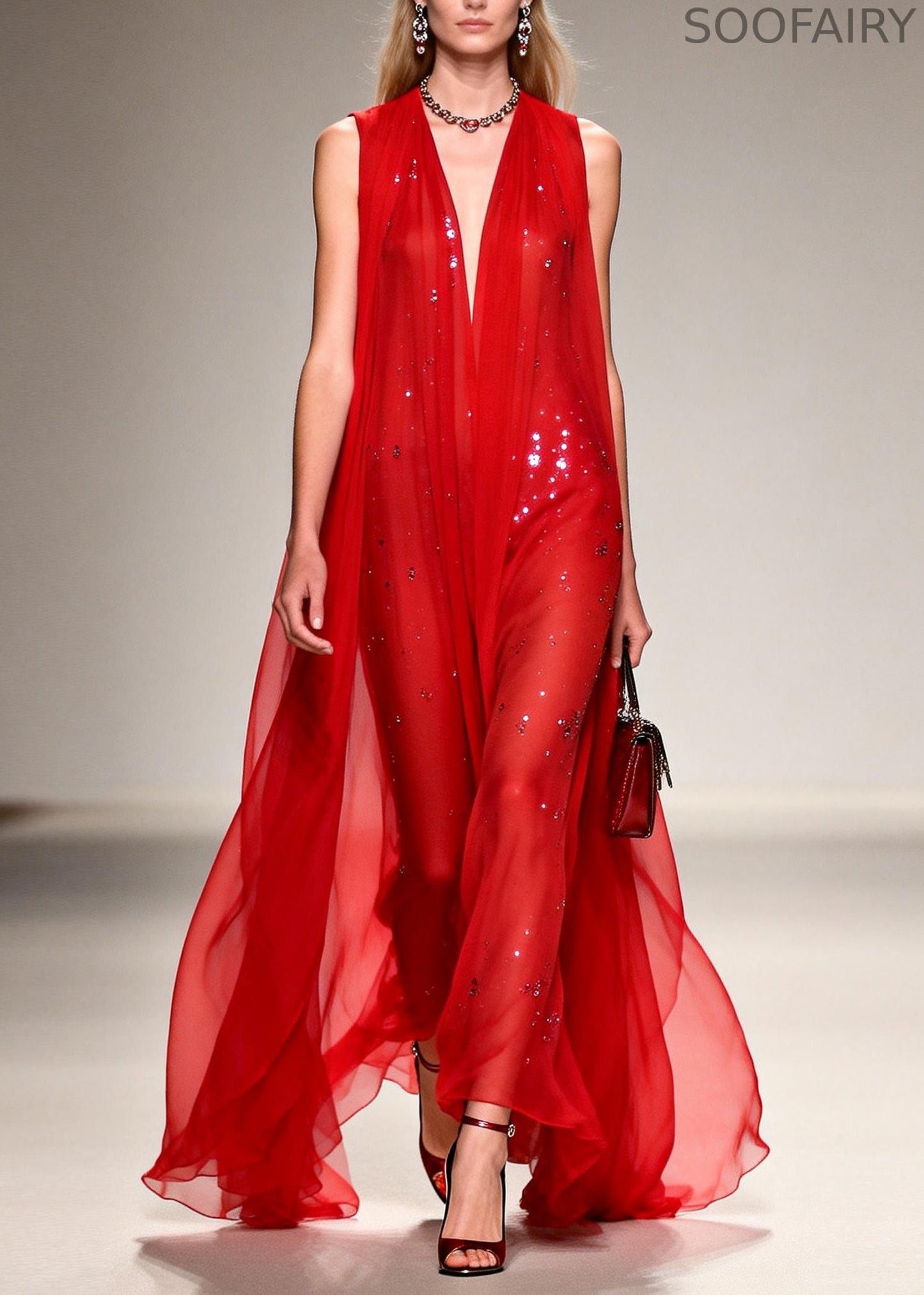 French Red V Neck Zircon Patchwork Chiffon Ankle Dress Sleeveless