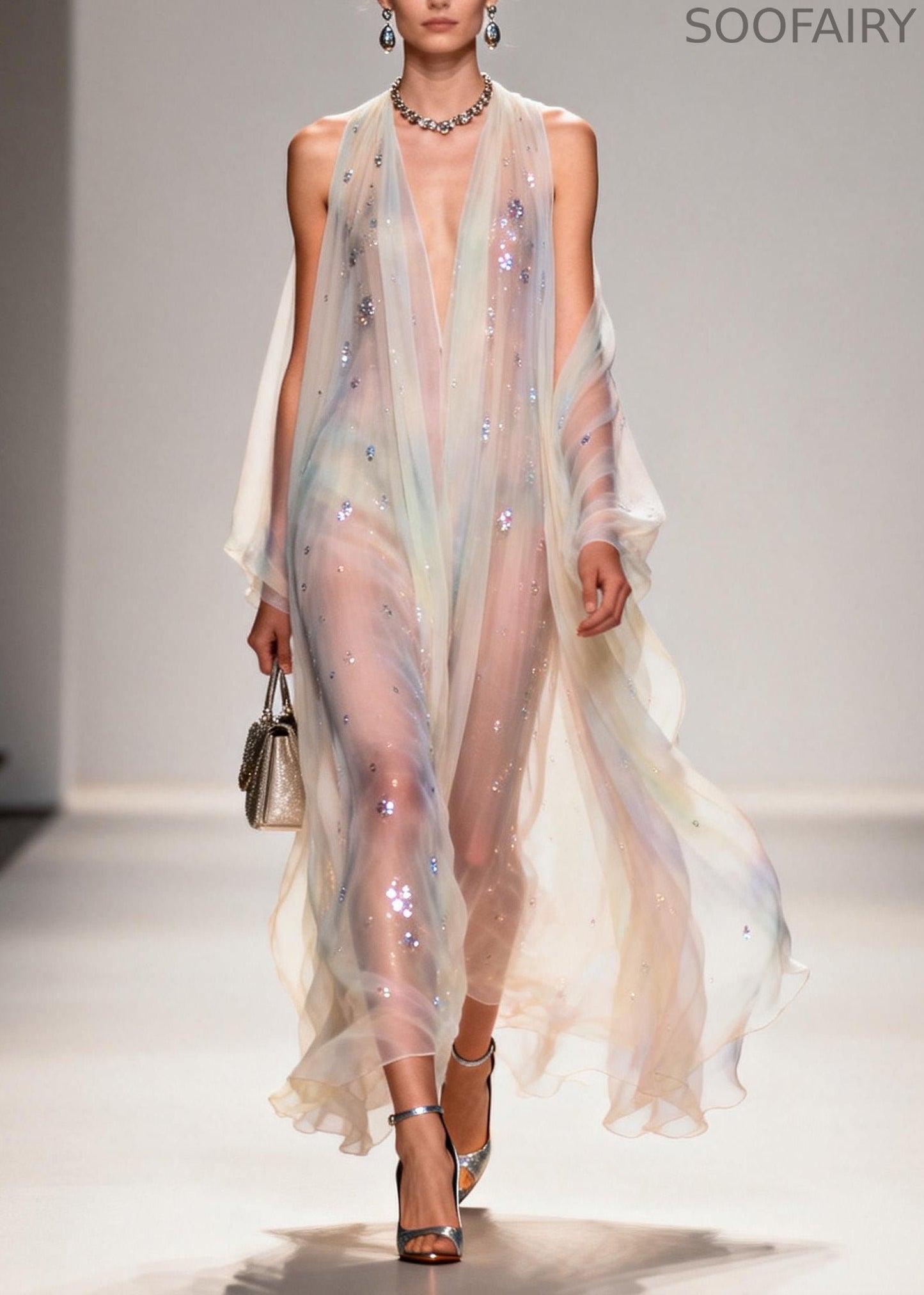 Modern V Neck Zircon Chiffon Long Dress Summer