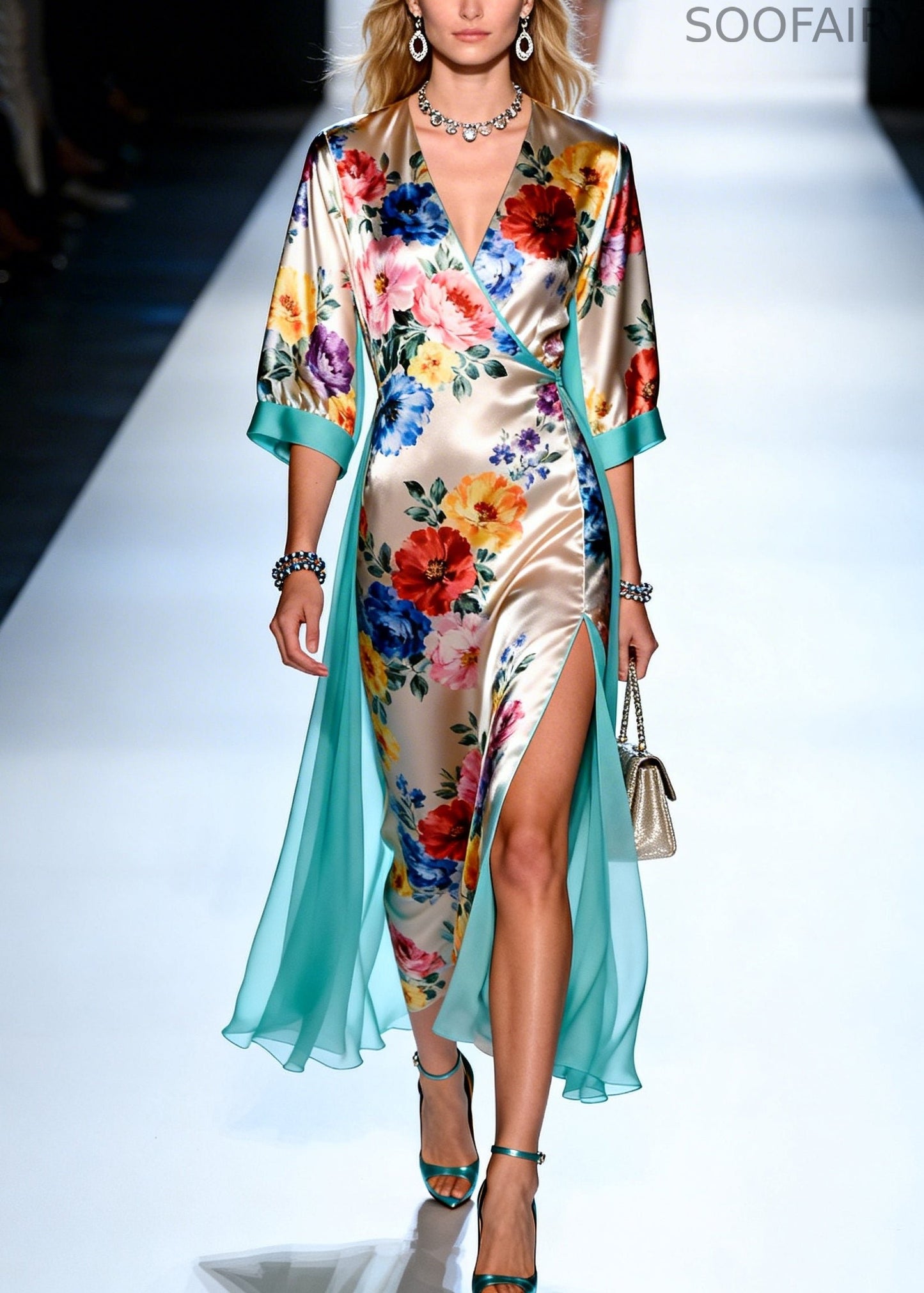 Apricot Print Tulle Patchwork Side Open Silk Dress Summer