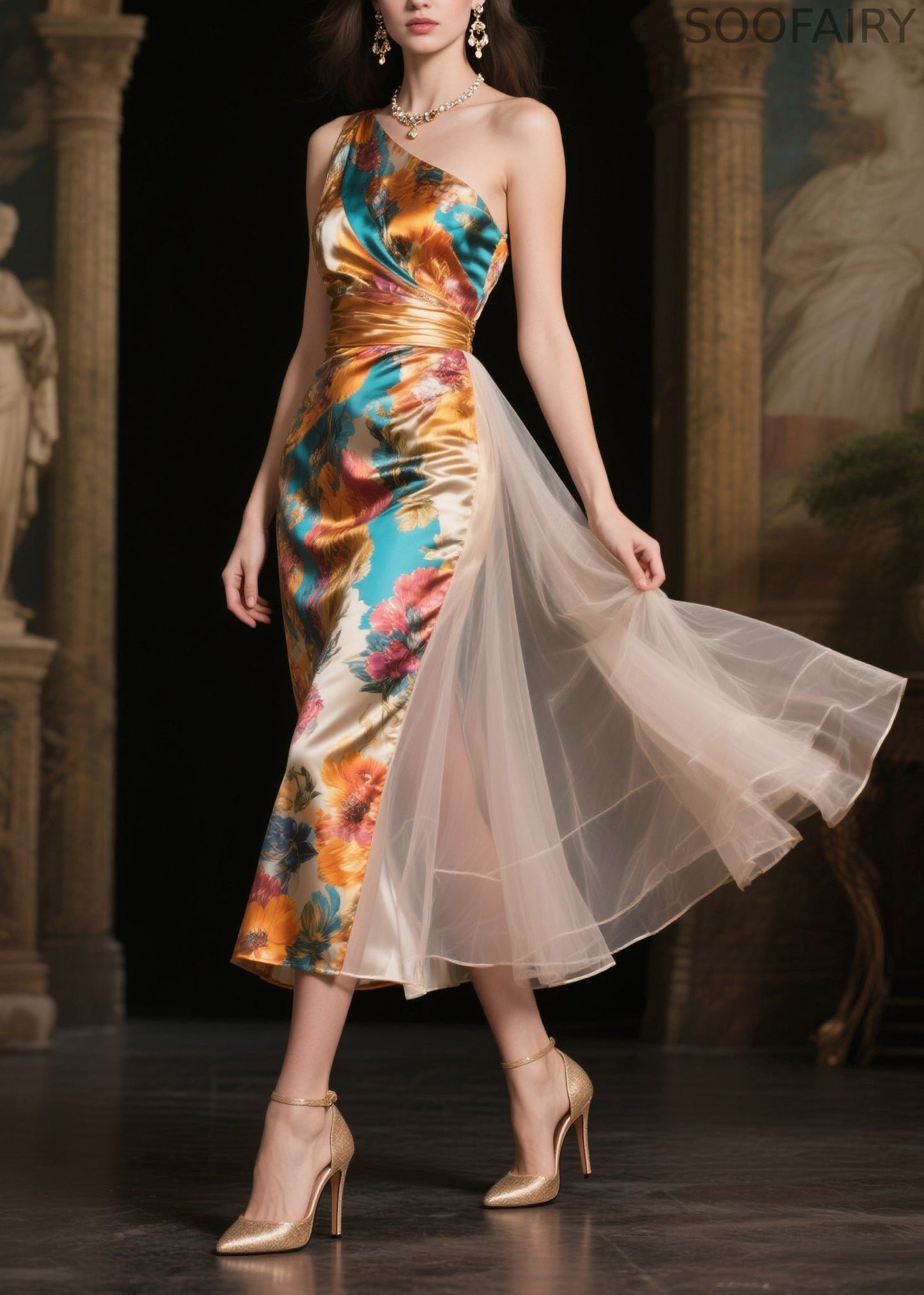 Italian One Shoulder Patchwork Tulle Vestidos Dresses Summer