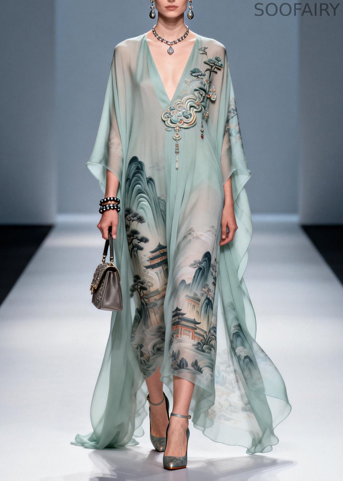 Original Design V Neck Print Chiffon Maxi Dress Summer