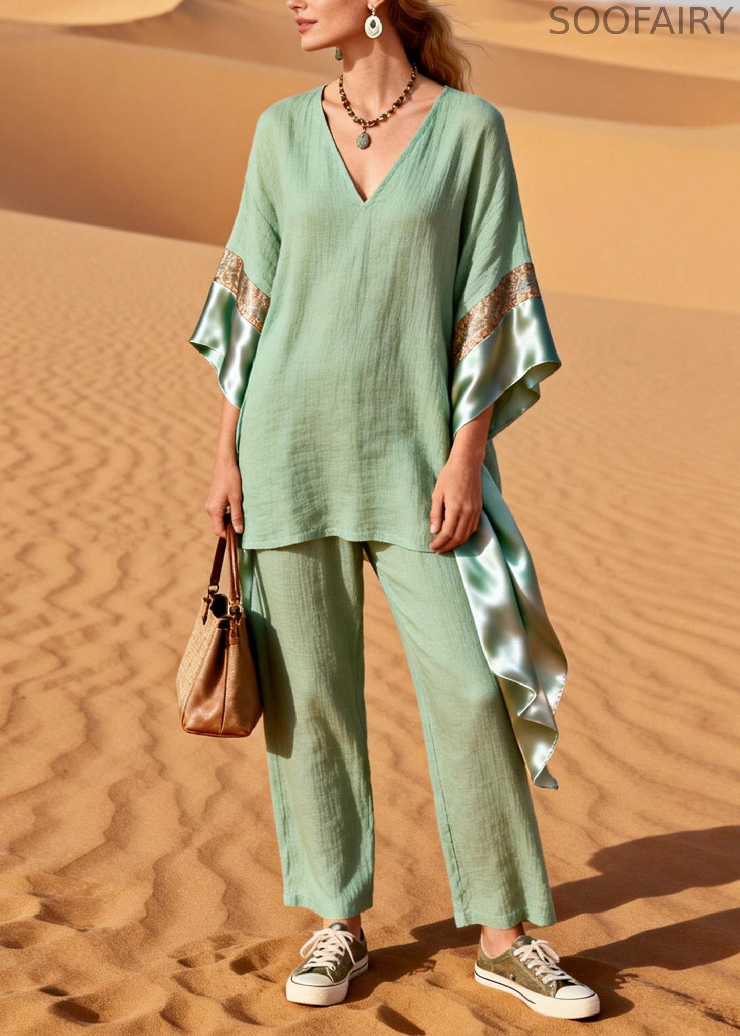 Green V Neck Patchwork Linen Silk Two Pieces Set Summer