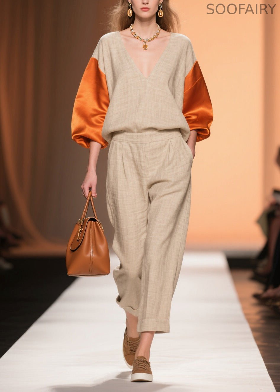 Original Design Colorblock V Neck Patchwork Linen Silk Two Piece Set Spring