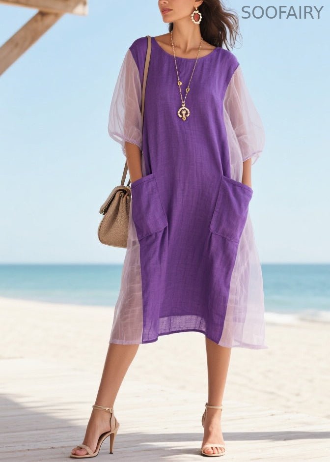 Purple Patchwork Tulle Vacation Dress Oversized Pockets Summer