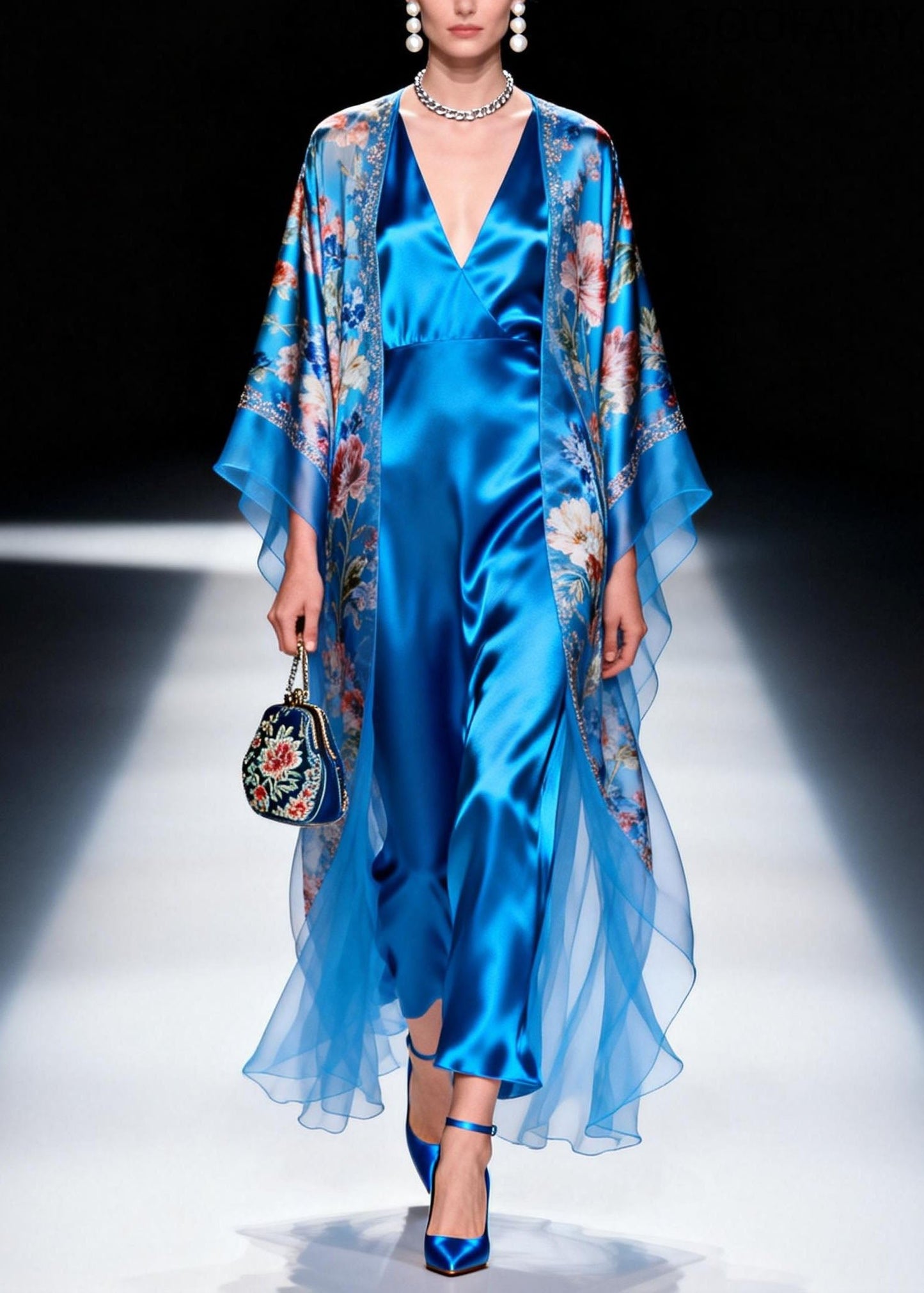 French Blue V Neck Print Silk Two Piece Set Outfits Summer