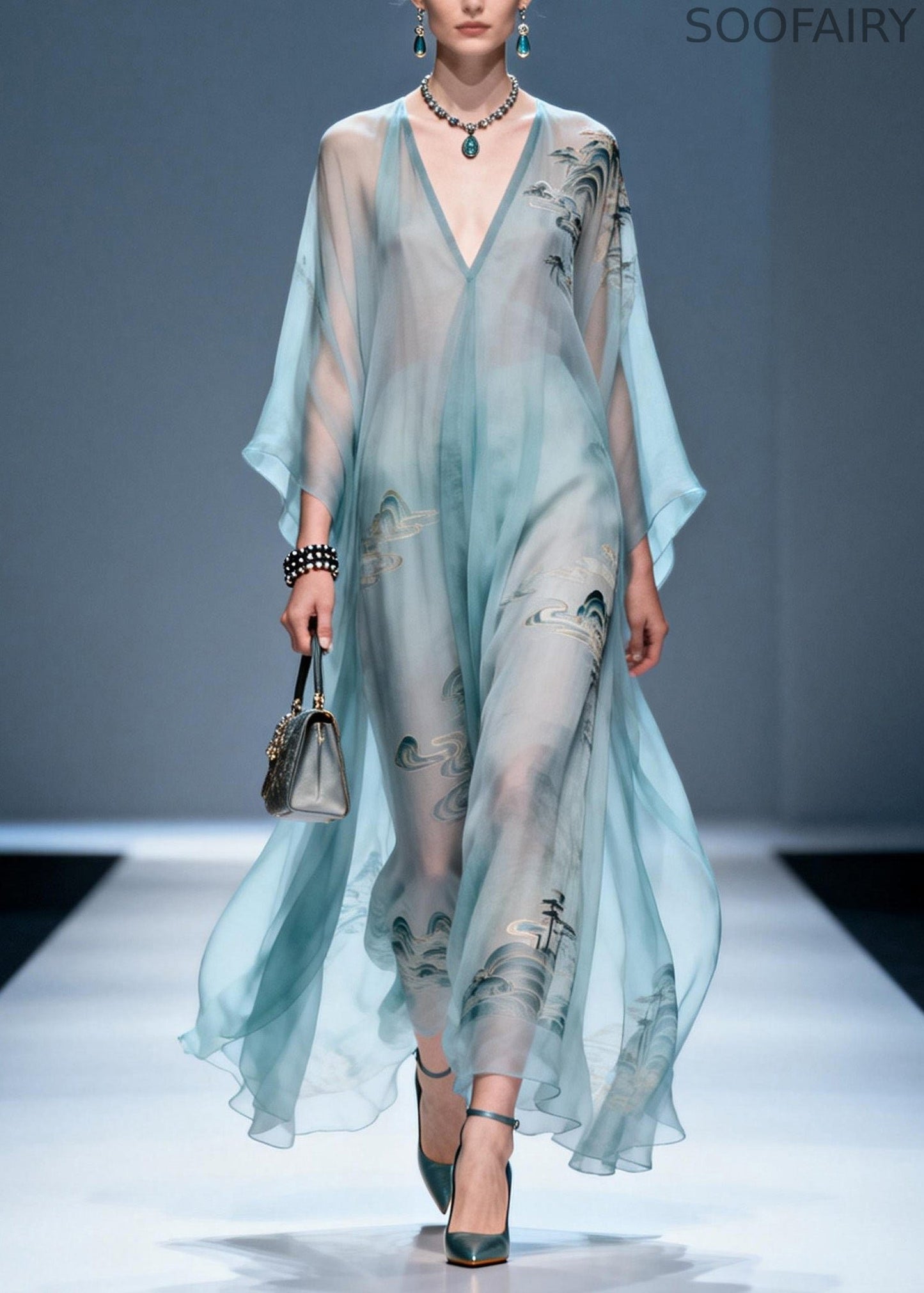 V Neck Print Chiffon Long Dresses Summer