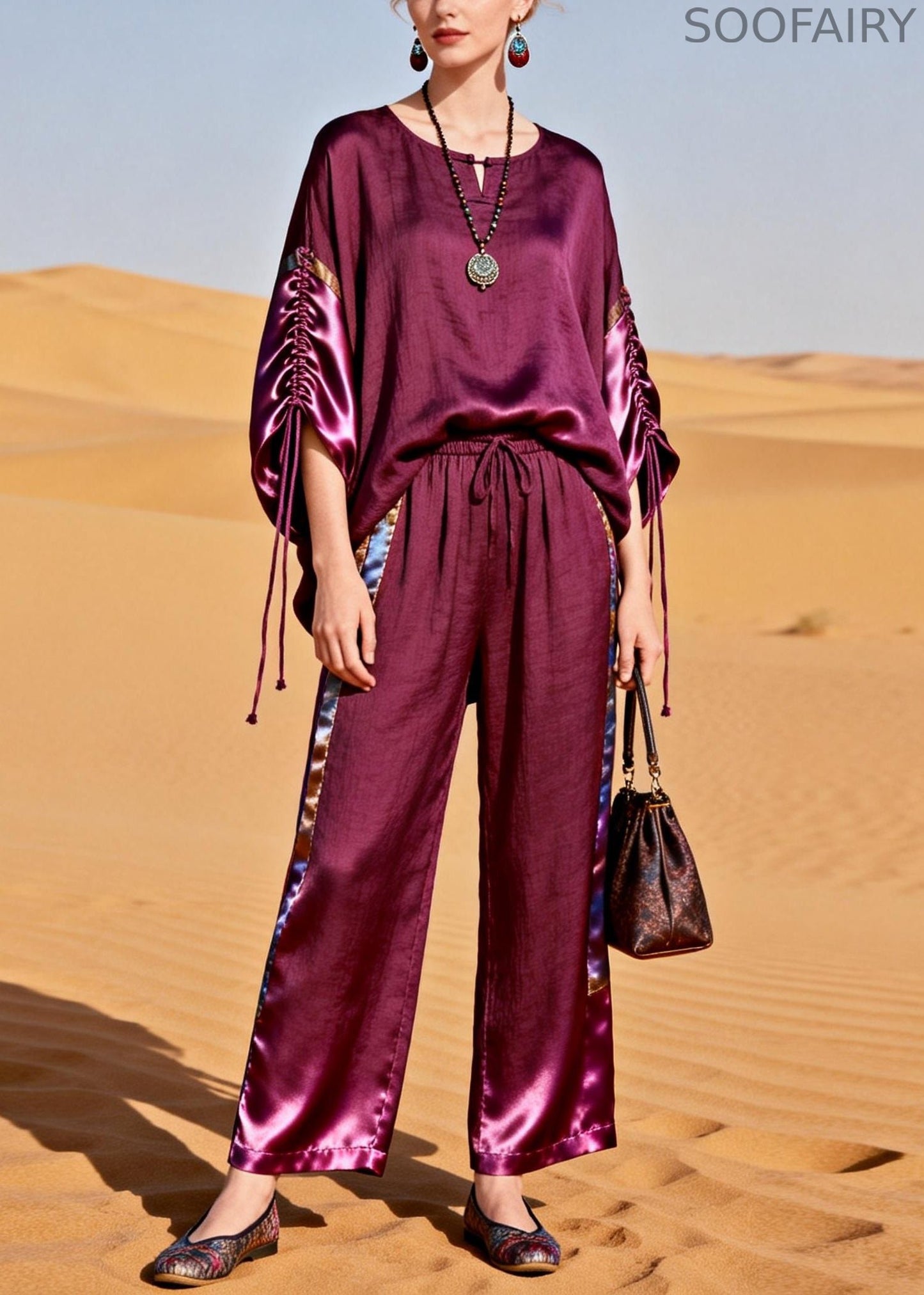 Boutique Purple Drawstring Elastic Waist Silk Patchwork Two Piece Set