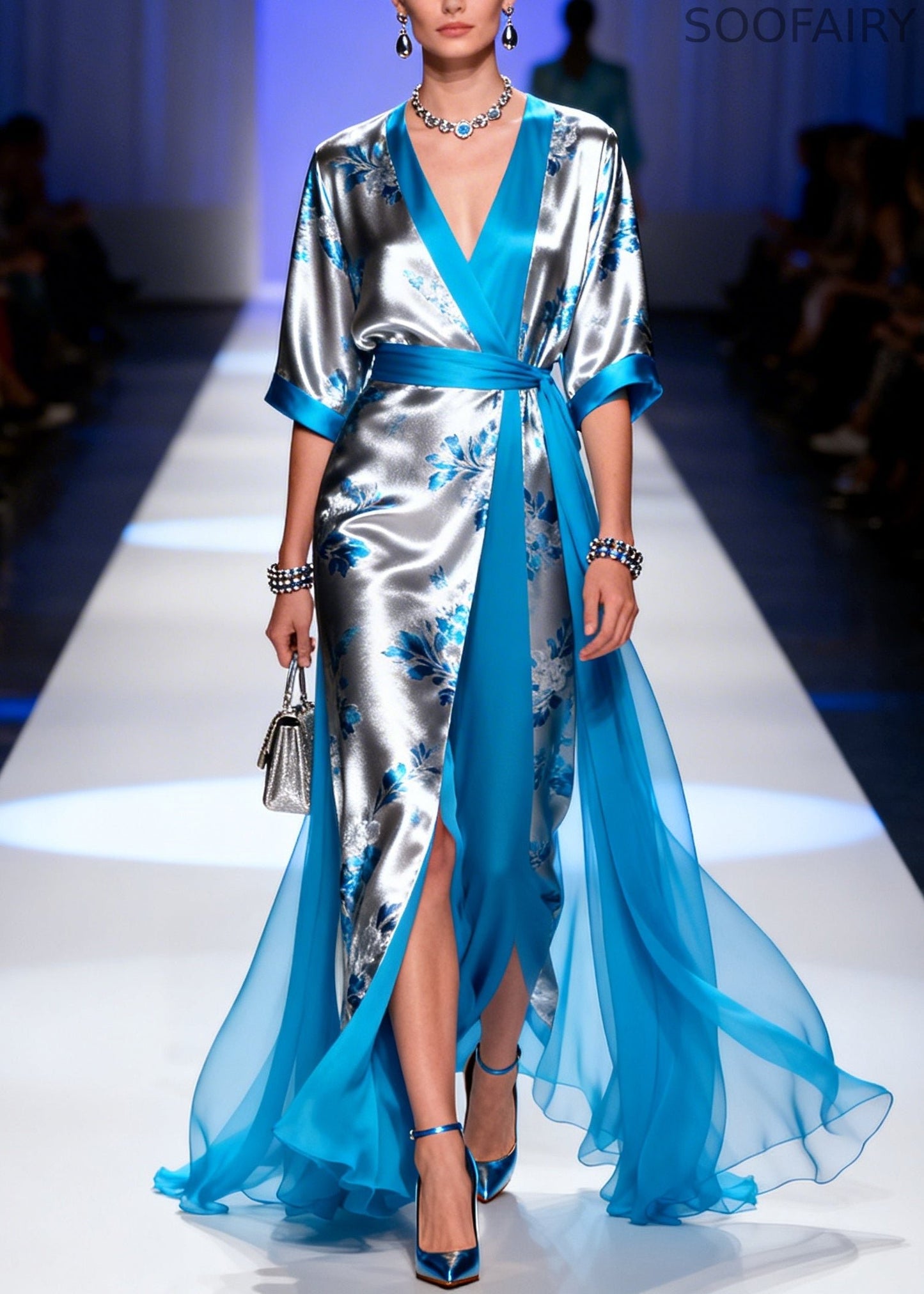 Silvery Print Tulle Patchwork Exra Large Hem Dinner Dress Summer