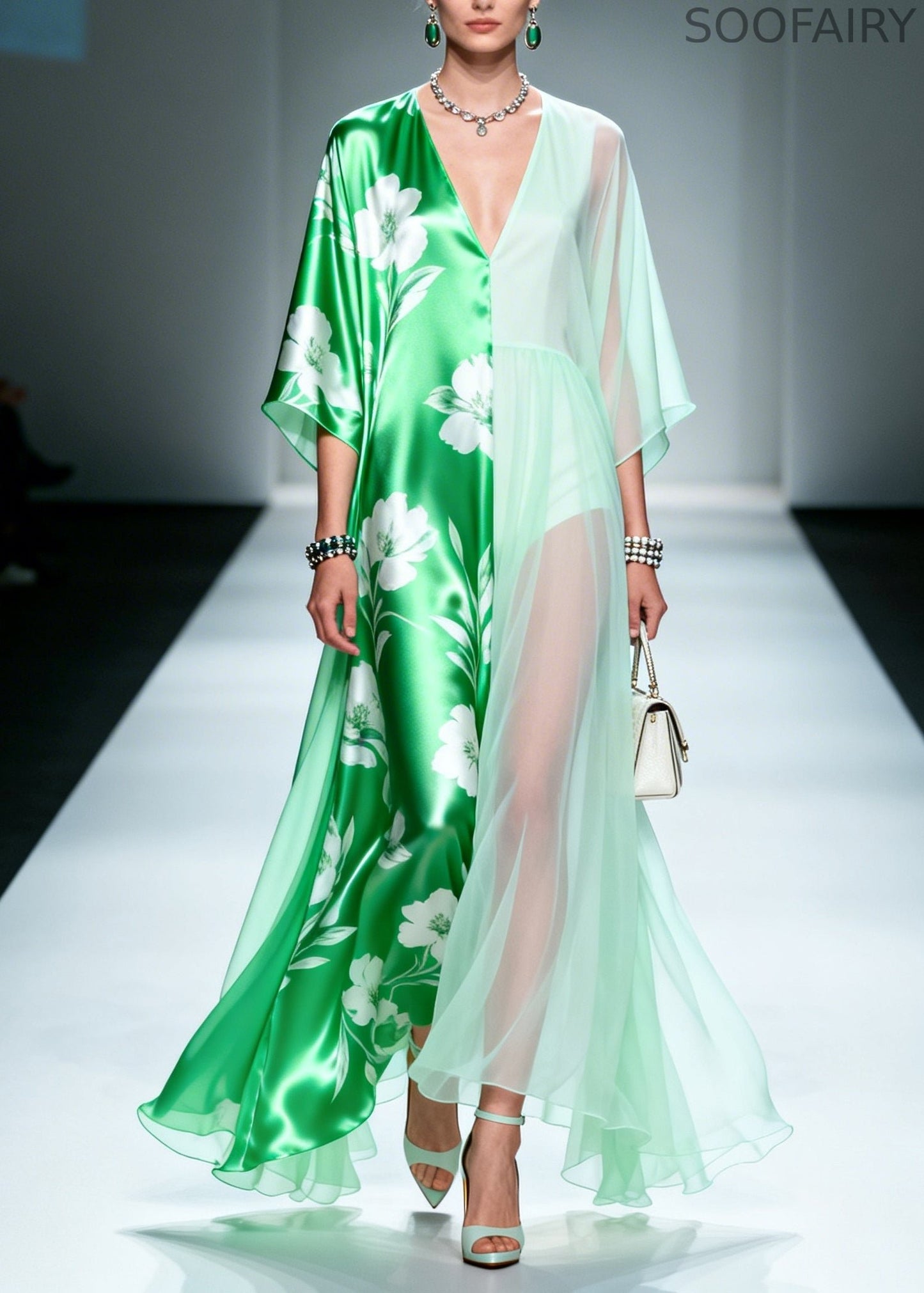 Green Asymmetrical Patchwork Chiffon Maxi Dresses Summer